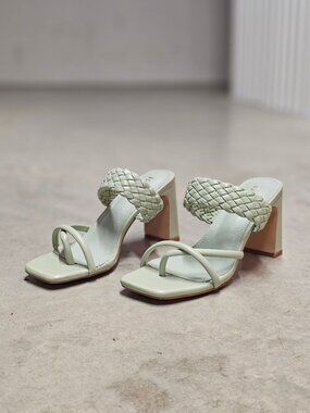 Woven Strap Block Heel Sandals Sage Green Square Toe Slip-On Design Womens Footw